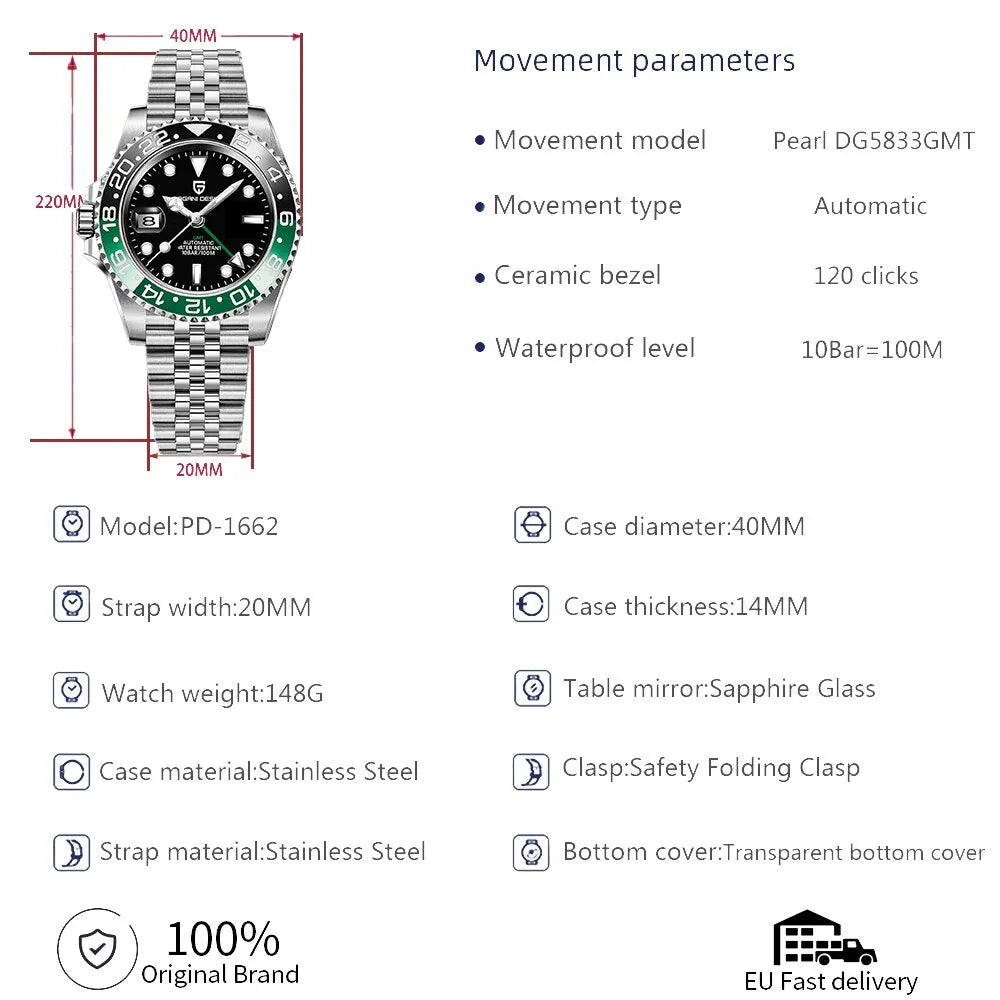 PAGANI DESIGN PD-1662 Luxury GMT Men Mechanical Wristwatch Sapphire